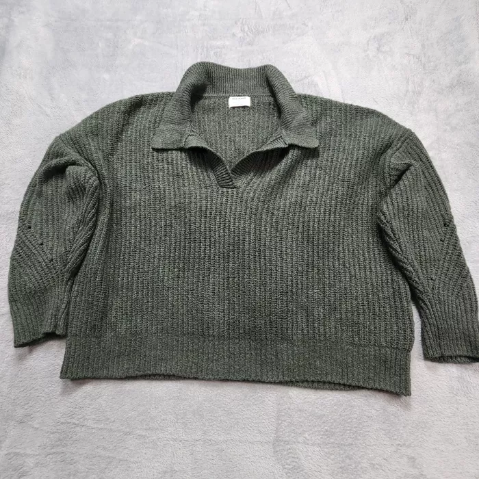 Old Navy Sweater Women's XXL Green Heather Polo Collar V-Neck Ribbed Relaxed Kni - Front