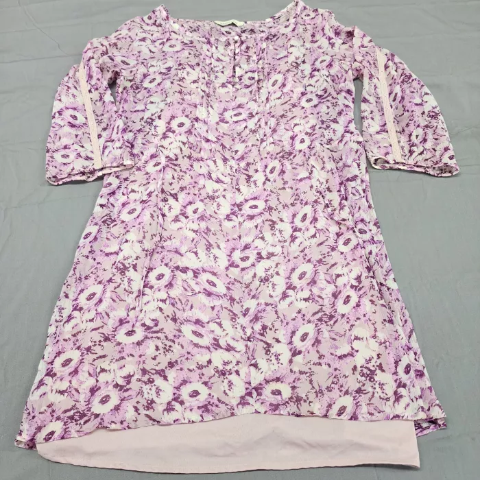 Old Navy Women's M Purple Floral Chiffon Boho Tunic Top Split Neck Lace Trim - Front