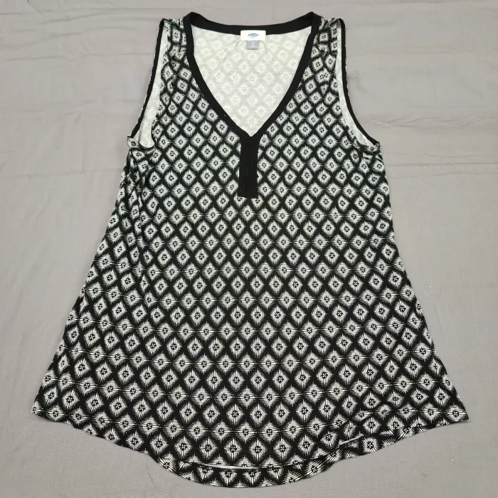 Old Navy Womens L Black White Geometric Print Sleeveless V Neck Tunic Tank Top - Front