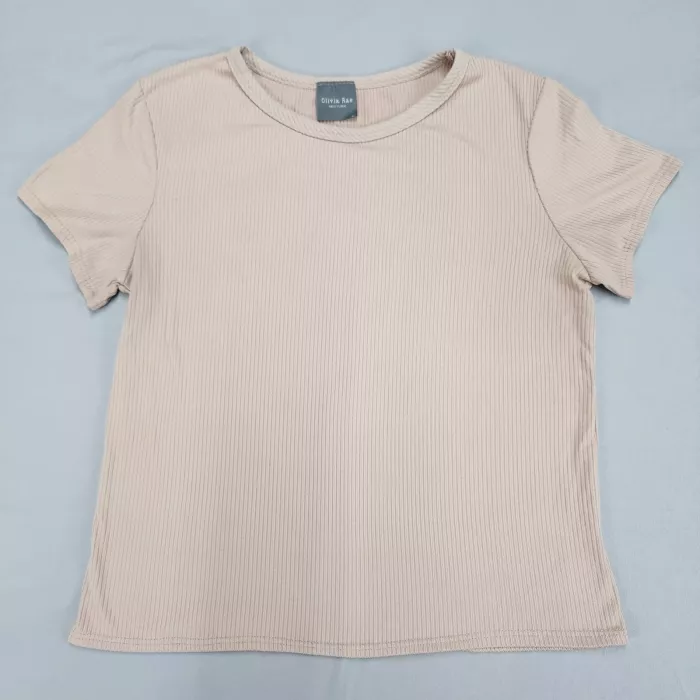 Olivia Rae Womens XL Beige Ribbed T-Shirt Short Sleeve Crew Neck Stretch Top - Front