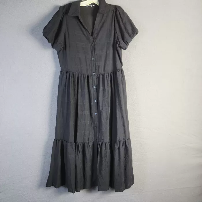 Ophelia Roe Womens L Black Tiered Shirt Dress Puff Sleeve Button Front - Front