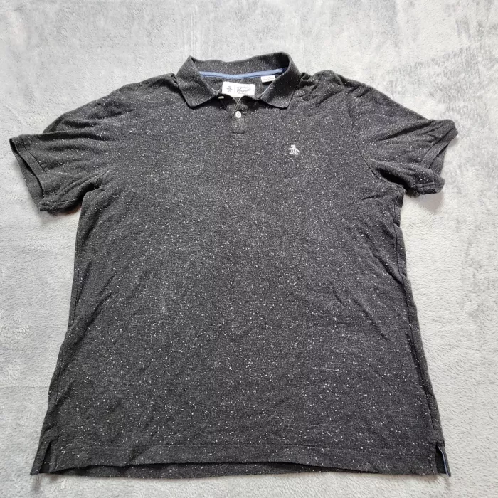 Original Penguin Polo Shirt Men's Large L Charcoal Gray Speckled Cotton Logo - Front