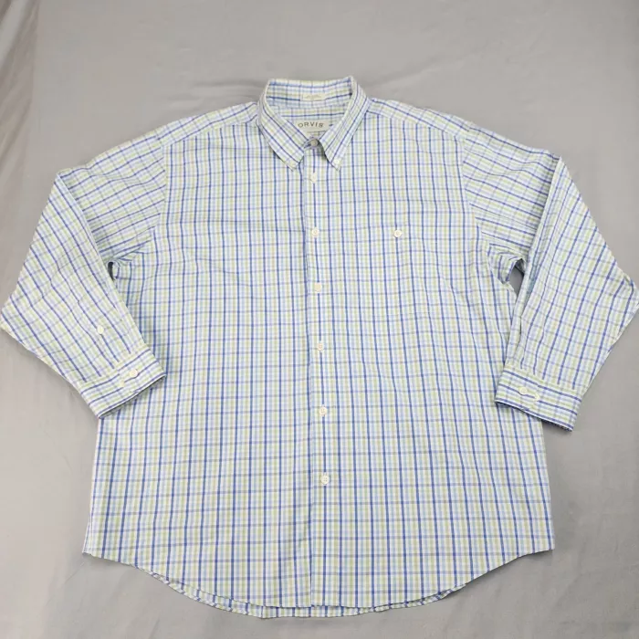 Orvis Mens XXL Long Sleeve Button Down Shirt Plaid Blue Green Cotton Pocket - Front