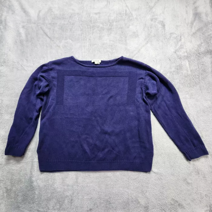 Orvis Sweater Women's L Navy Blue Boat Neck Textured Knit Pullover Side Slit Top - Front