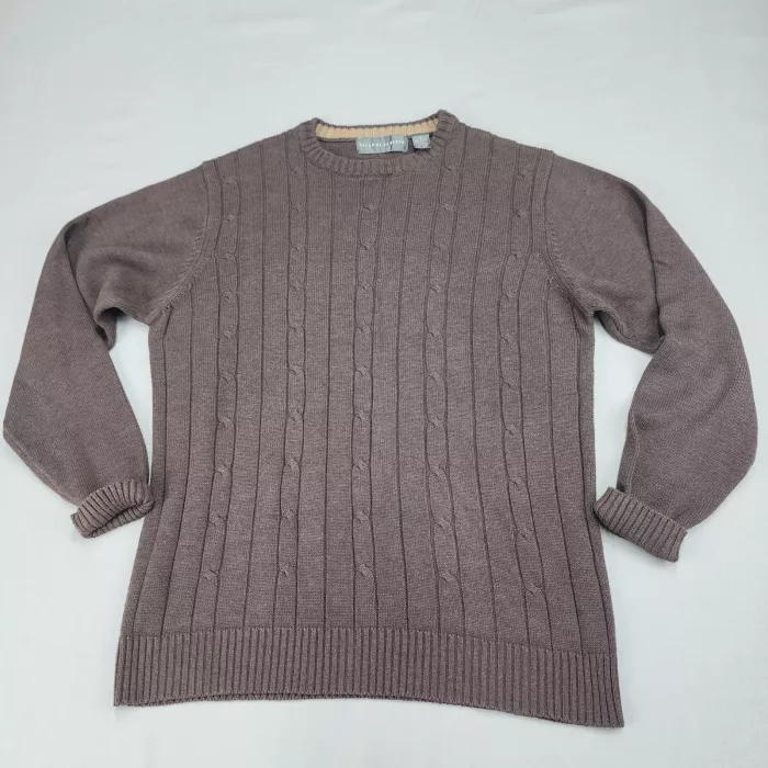 Oscar de la Renta Womens L Brown Cable Knit Crew Neck Pullover Sweater Cotton - Front