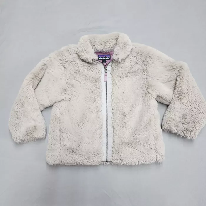 Patagonia Girls Size S 7-8 Beige Faux Fur Fleece Full Zip Jacket Purple Lining - Front