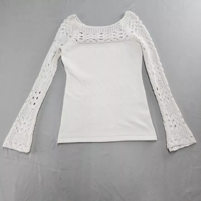 PattyBoutik Women's S White Knit Top Crochet Lace Yoke Bell Sleeve Scoop Neck - Front