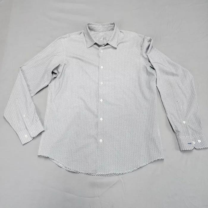 Perry Ellis Motion Mens L Slim Fit Button Up Shirt White Geometric Long Sleeve - Front