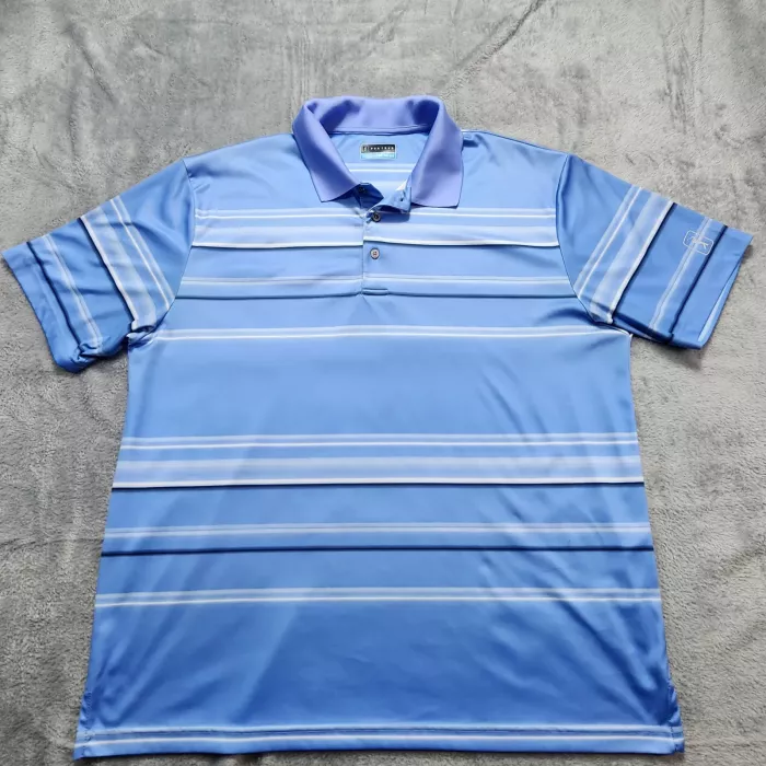PGA TOUR Polo Shirt Men's XXL Light Blue Striped Golf Moisture Wicking Performance - Front