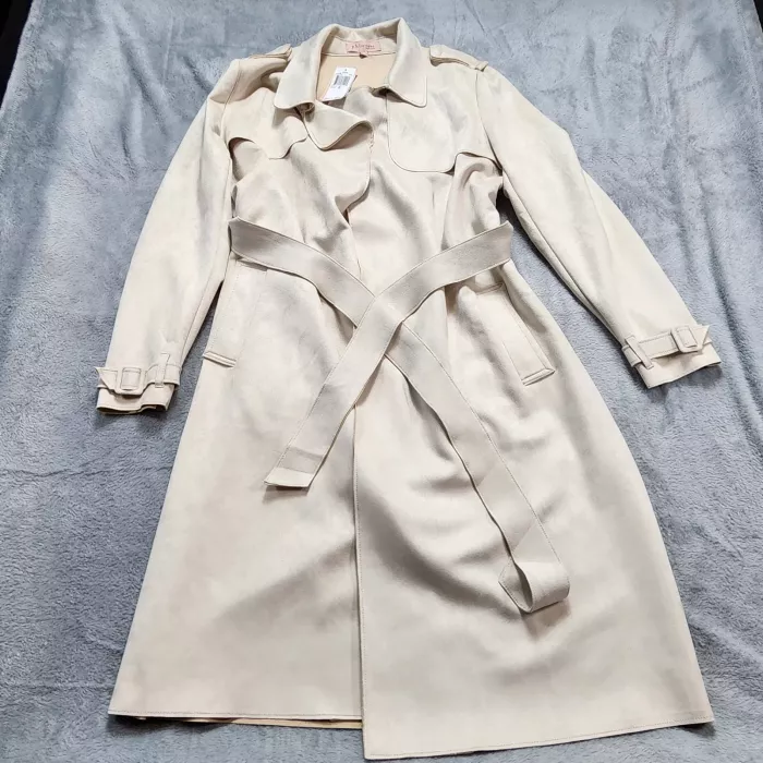Philosophy Republic Clothing Trench Coat Women's XL Faux Suede Belted Pearl NWT - Front