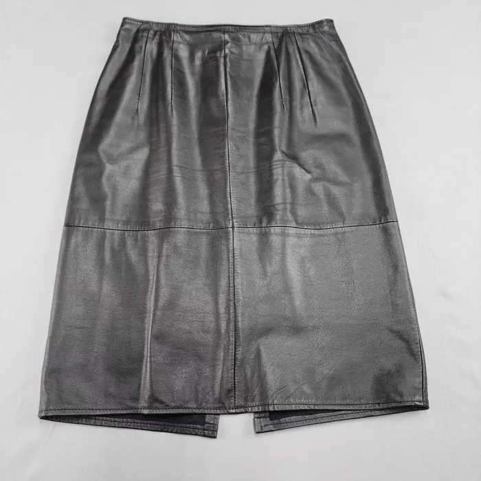 pia rucci Women's 10 Black Leather Pencil Skirt Elastic Waist Back Slit Knee - Front