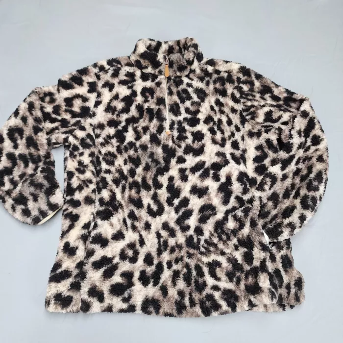 Pink Lily Womens 2XL Quarter Zip Fleece Pullover Jacket Leopard Print Black - Front