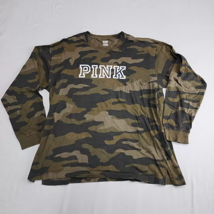 PINK Victoria's Secret Camo Long Sleeve T-Shirt Womens XL Graphic Print Cotton - Front