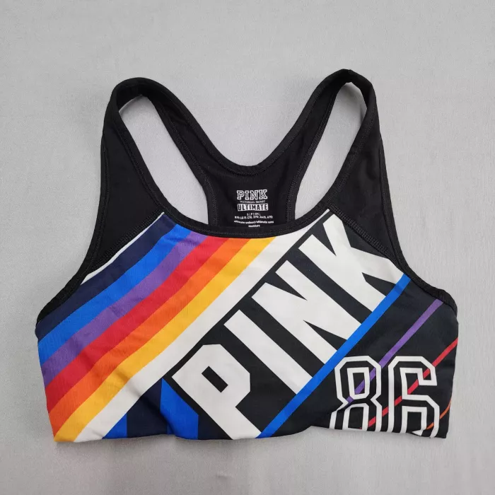 PINK Victoria's Secret Sports Bra Womens S Black Racerback Rainbow Logo Print - Front