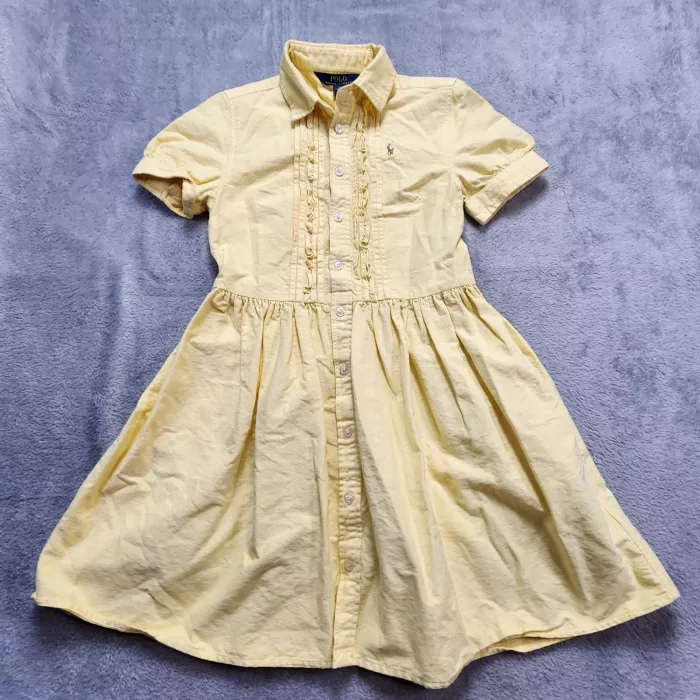 Polo Ralph Lauren Girls Shirt Dress Size M Yellow Cotton Ruffle Puff Sleeve Pony - Front