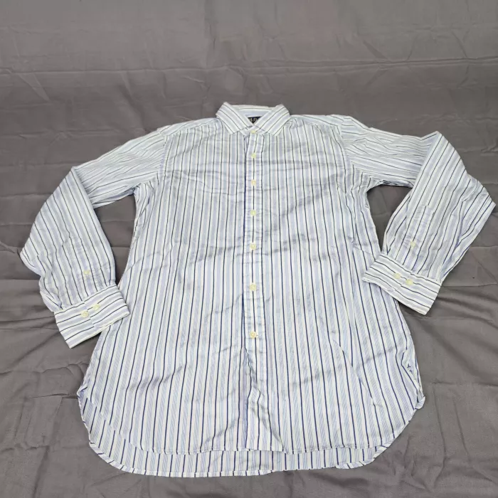Polo Ralph Lauren Mens Dress Shirt 14.5 Blue White Striped Long Sleeve Cotton - Front
