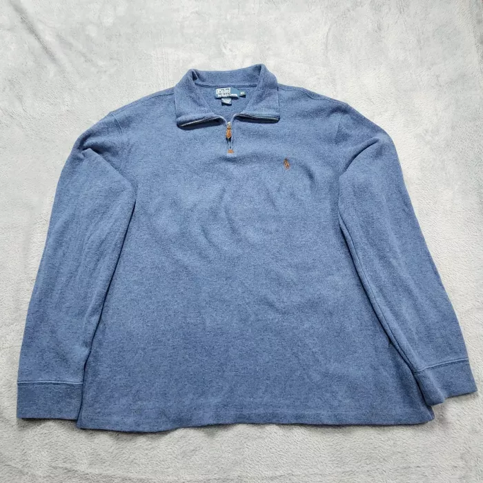Polo Ralph Lauren Mens XL Blue Quarter Zip Pullover Sweater Cotton Knit Pony - Front