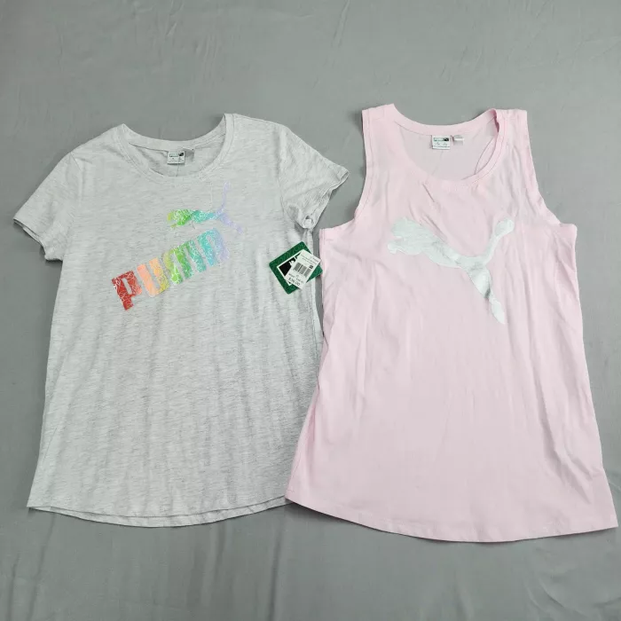 PUMA Girls XL 16 2 Piece Set Gray T-Shirt Pink Tank Top Graphic Athletic - Front