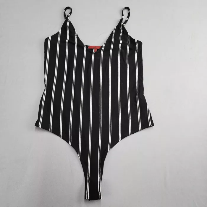 red by BKE Womens Large Black White Striped Thong Bodysuit V-Neck Snap Crotch - Front