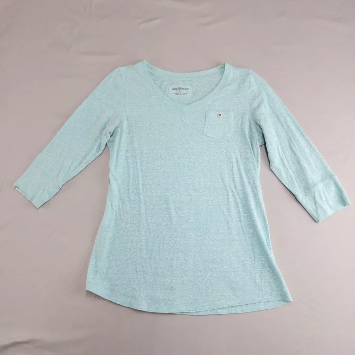 RuffHewn Women's S Aqua Blue Heathered V-Neck 3/4 Sleeve T-Shirt Chest Pocket - Front