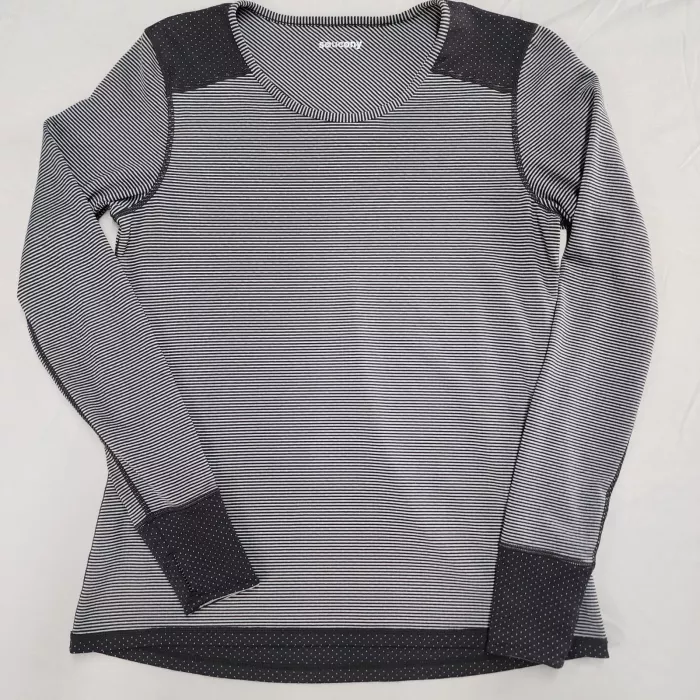 Saucony Womens M Black White Striped Long Sleeve Activewear Top Thumbholes - Front