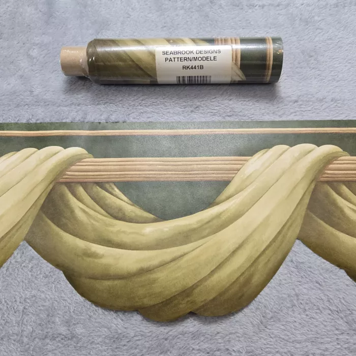 Seabrook Designs Swag Green Gold Wallpaper Border New Sealed Prepasted Vinyl - Main