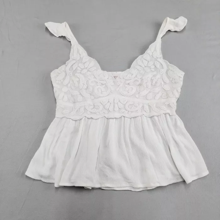 SHYANNE White Peplum Top L Embroidered Smocked Back Adjustable Straps Sleeveless - Front