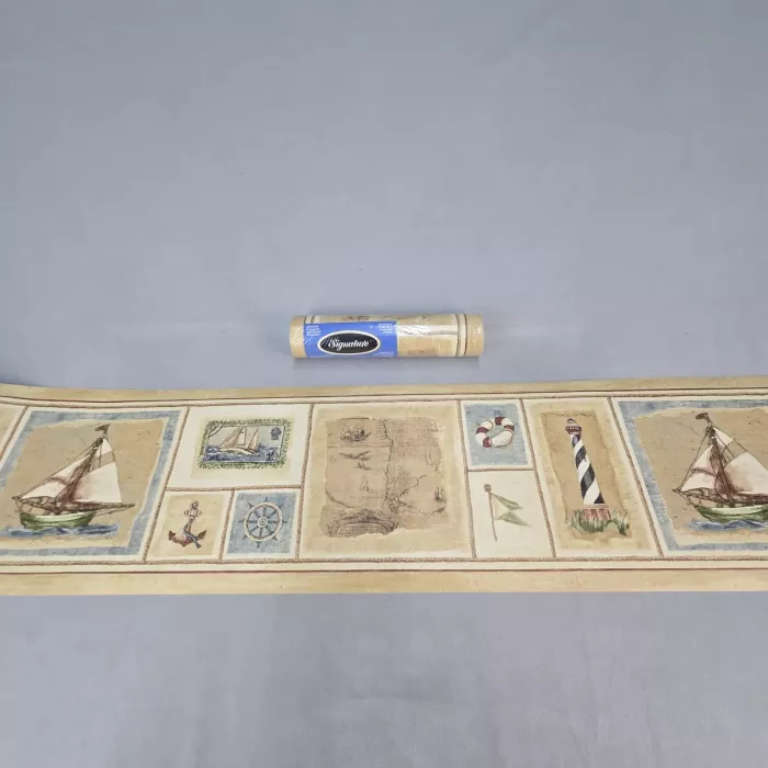 Signature Nautical Lighthouse Blue Beige Wallpaper Border New Prepasted Vinyl - Main