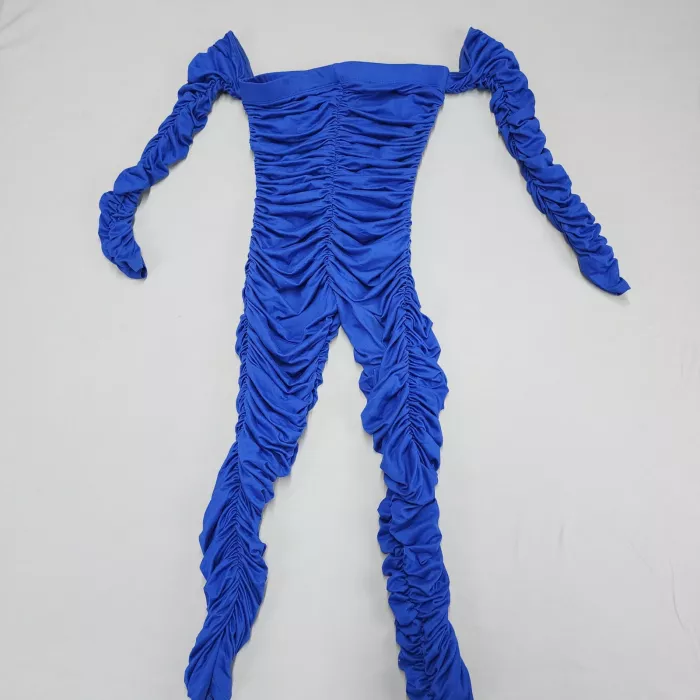 SJL APPAREL Womens S Blue Ruched Off Shoulder Long Sleeve Jumpsuit Stretch - Front