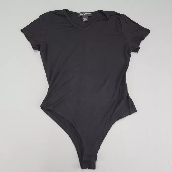 Soho Apparel Women's S Black V-Neck Bodysuit Short Sleeve Knit Stretch Top - Front