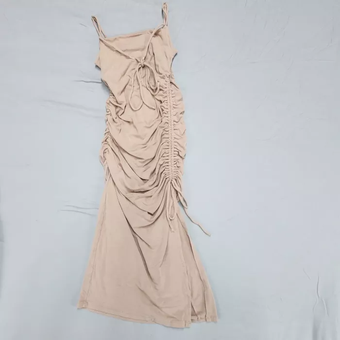 Sophie Rue Tan Ribbed Knit Ruched Side Slit Dress Womens Large Square Neck Midi - Front