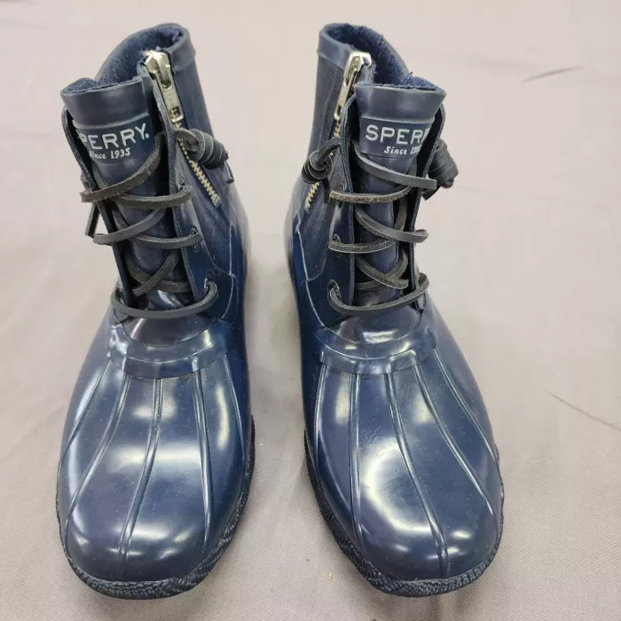 Sperry Saltwater Duck Boots Women's Size 6 Navy Blue Waterproof Rain Side Zip - Front