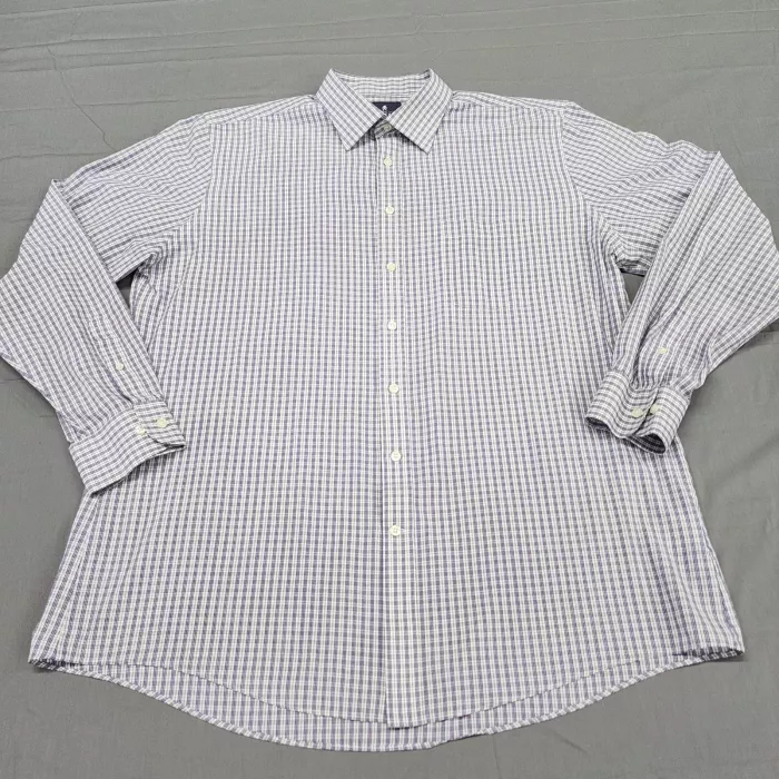 Stafford Mens Dress Shirt 17.5 36-37 Fitted Purple White Check Button Up Pocket - Front