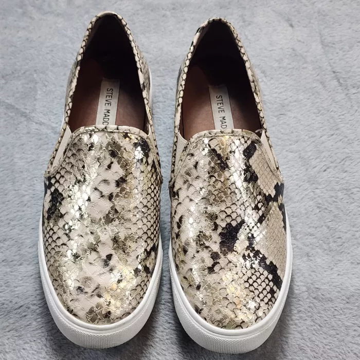 Steve Madden Safary Slip On Sneakers Womens 9 Gold Metallic Snake Print Casual - Front
