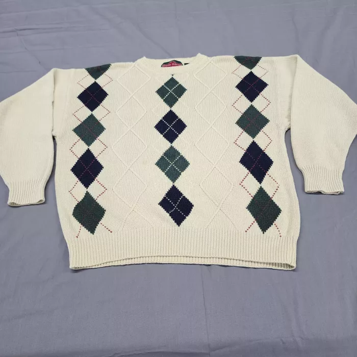 Stone Haven Men's XL Cream Argyle Crew Neck Pullover Sweater Ramie Cotton Knit - Front