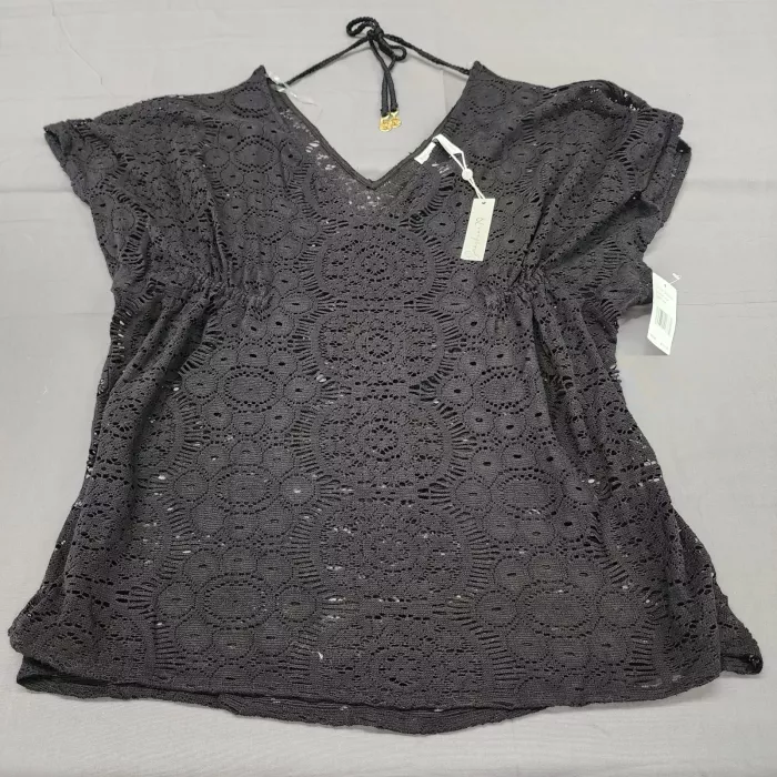 Sunshine 79 Black Crochet Open Knit Swim Cover Up Tunic Drawstring Size S/M - Front