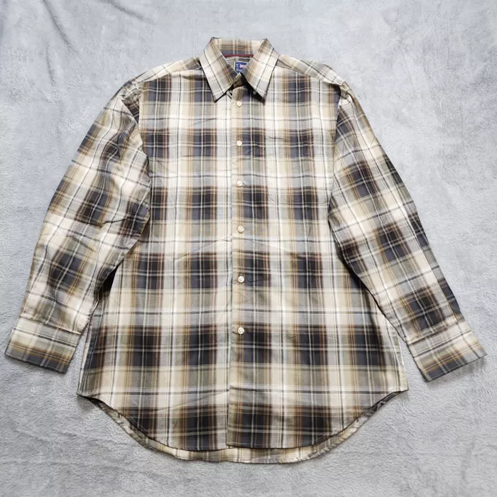 T. Harris London Button Up Shirt Men's Large Plaid Long Sleeve 100% Cotton Beige - Front