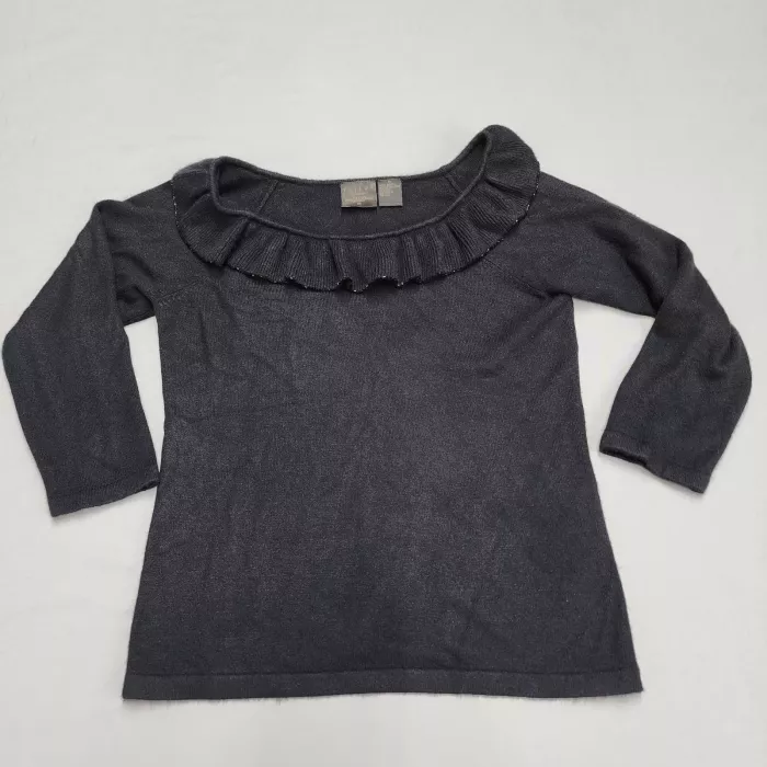 Tailor B. Moss Womens M Sweater Black Ruffle Beaded Scoop Neck 3/4 Sleeve Knit - Front