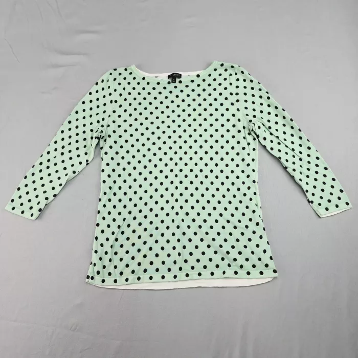 TALBOTS PETITE Petite S Mint Green Black Polka Dot Boat Neck 3/4 Sleeve Top - Front