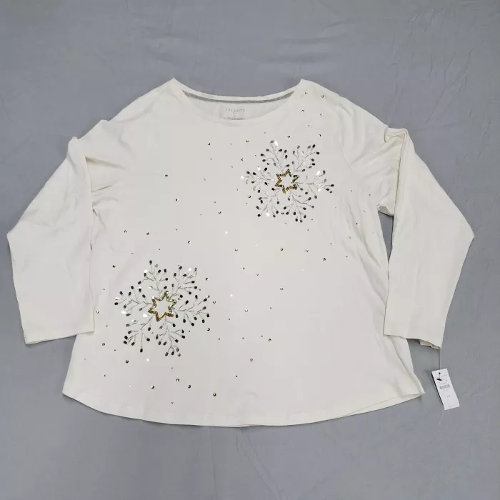 Talbots Plus Size 2X Ivory Long Sleeve Top Embellished Snowflake Sequin Cotton - Front