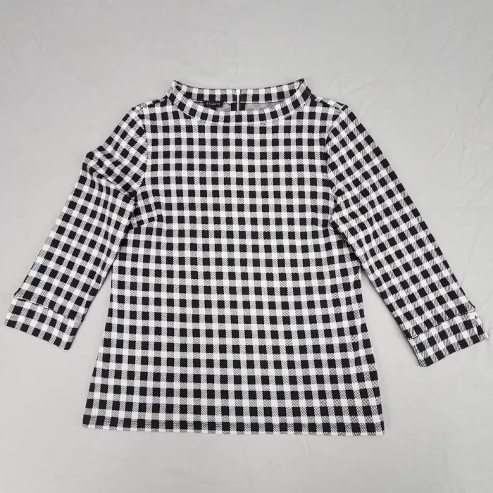 Talbots Women's M Black White Gingham Mock Neck 3/4 Sleeve Back Zip Blouse Top - Front