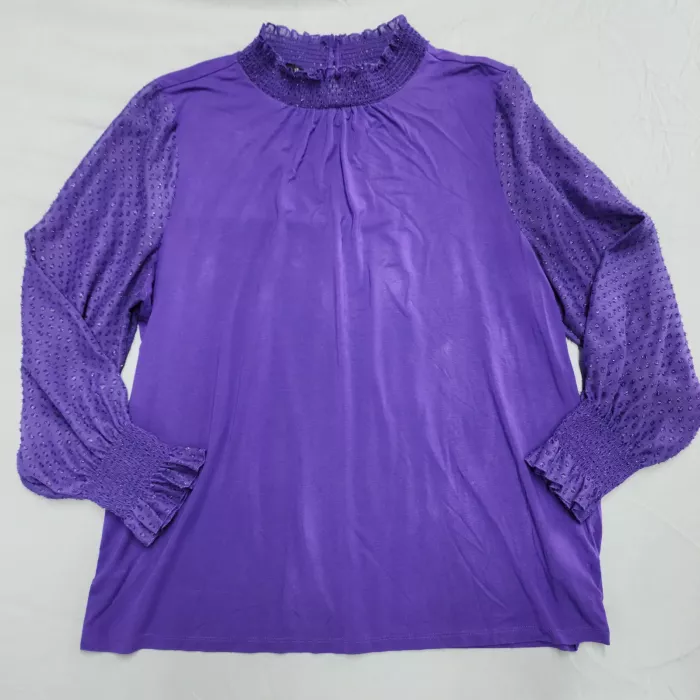Talbots Womens 2X Purple Mock Neck Blouse Sheer Long Sleeve Smocked Keyhole - Front