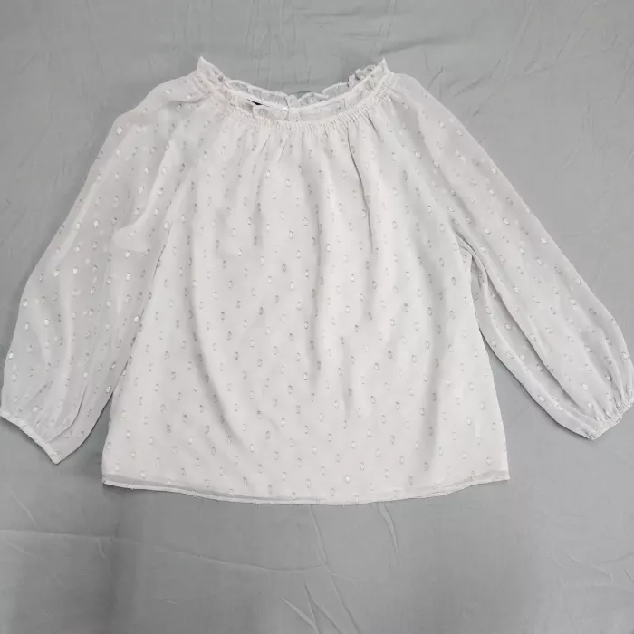 Talbots Womens 2X White Peasant Blouse Metallic Polka Dot Smocked Long Sleeve - Front