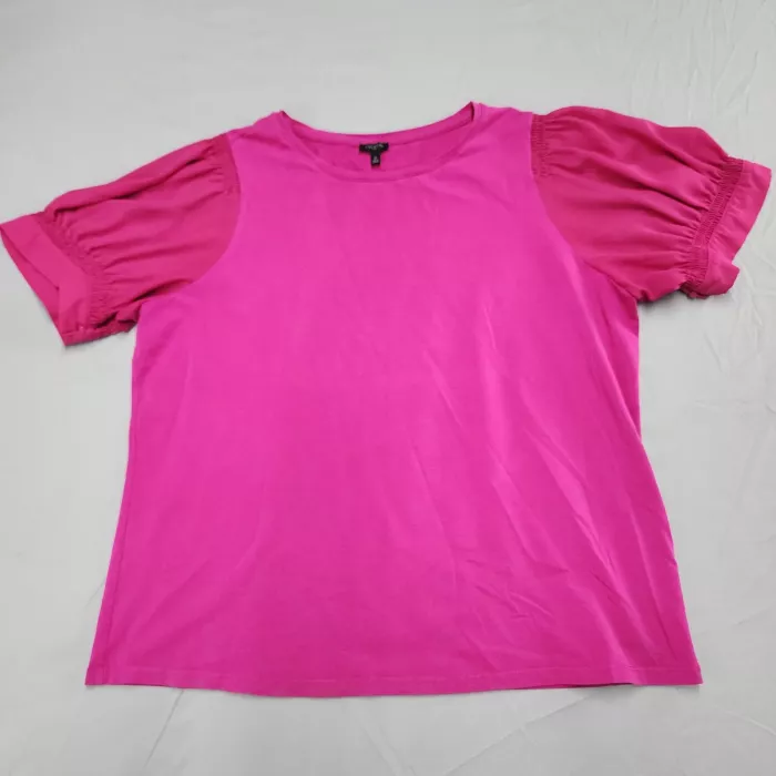 Talbots Womens Plus Size 2X Pink Puff Sleeve T-Shirt Mixed Media Crew Neck Top - Front