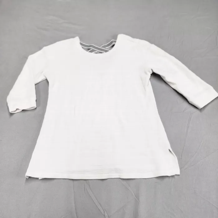 Talbots Womens Top Size L Petite White 3/4 Sleeve Crew Neck Criss Cross Back - Front