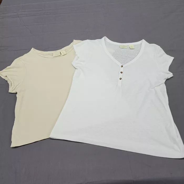 Telluride Clothing Co Lot 2 Womens L T-Shirts White Henley Beige Pima Cotton - Front