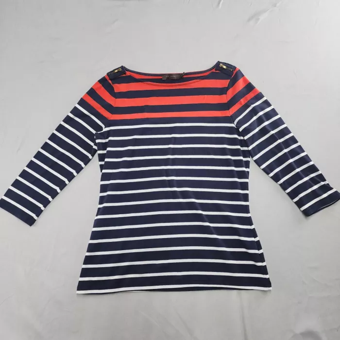 The Limited Womens M Striped Top Navy Red Boat Neck 3/4 Sleeve Zipper Shoulder - Front