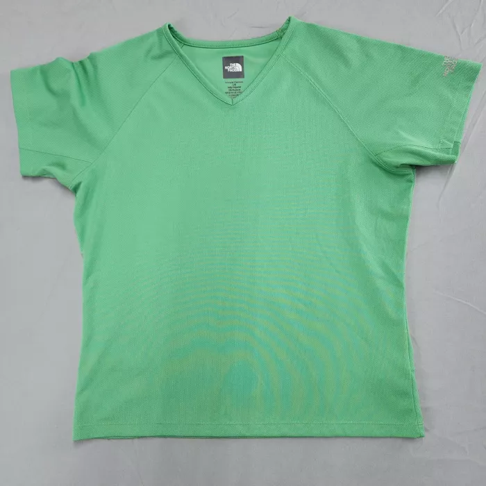 The North Face Women L Green V-Neck Short Sleeve Athletic T-Shirt Stretch Top - Front