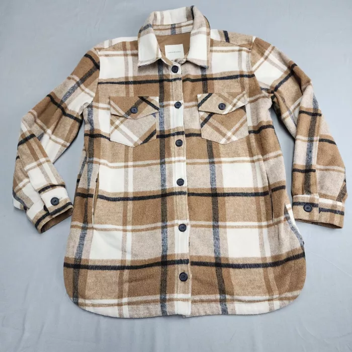 Thread & Supply Womens L Shacket Jacket Tan Ivory Plaid Fleece Button Front - Front