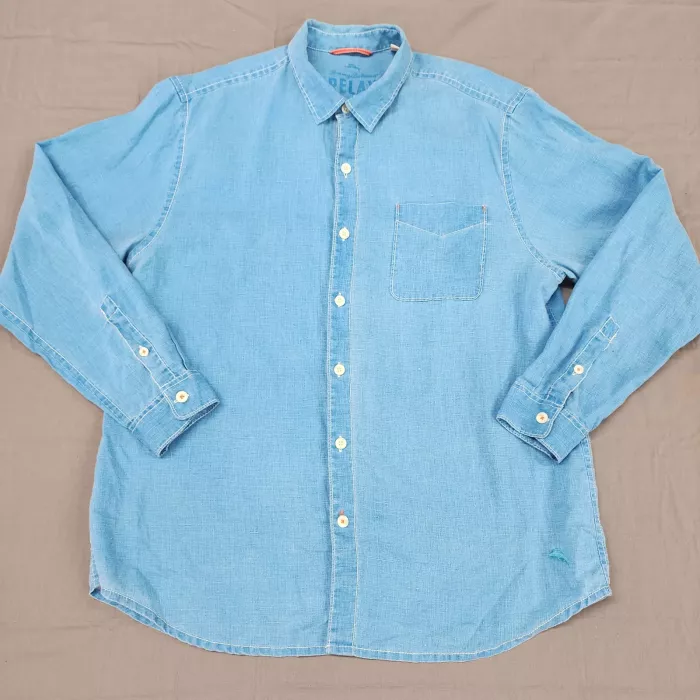 Tommy Bahama Mens XL Light Blue Linen Long Sleeve Button Up Shirt Pocket - Front